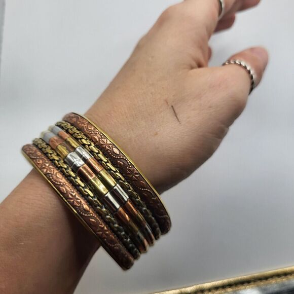 Multimetallic Copper, Brass, Silver Bohemian Chunky Bracelet 1.25in wide 8in - Picture 4 of 6